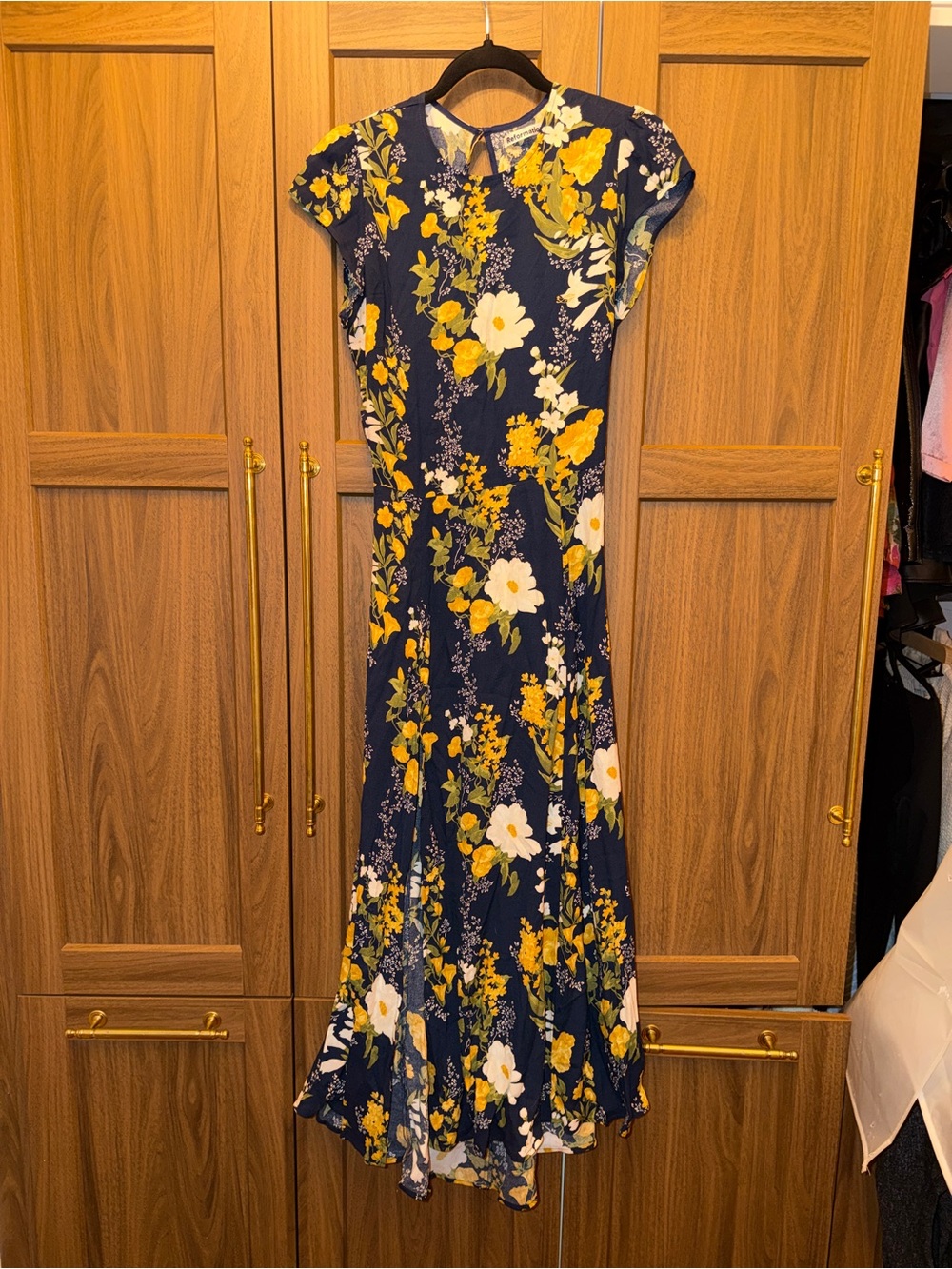 Reformation Navy Floral Cap-Sleeve Maxi Dress